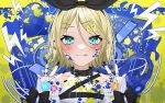  1girl blonde_hair blue_eyes blush bow_hairband cellphone chest_belt collar copyright_name earrings fingernails hair_ornament hairband hairclip hands_up headphones heart highres jewelry kagamine_rin lightning_bolt_symbol long_fingernails long_sleeves looking_at_viewer multiple_piercings multiple_rings nail_polish paint_splatter paint_splatter_on_face phone ring shirt short_hair sleeve_bow sleeveless sleeveless_shirt sleeves_past_wrists smartphone smile straight-on tongue tongue_out upper_body vocaloid wanko_(yurika0320) yellow_background 