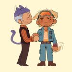  2boys :3 animal_ears beard_stubble biting black_necktie blonde_hair blue_hair blue_jacket blush cat_boy cat_ears cat_tail chibi closed_eyes collared_shirt couple dark-skinned_male dark_skin dog_boy dog_ears dog_tail ear_biting facial_hair full_body goggles goggles_on_head hair_slicked_back highres iceburg jacket jakkenpoy kemonomimi_mode male_focus mature_male medium_hair multiple_boys mustache_stubble necktie one_piece open_clothes open_jacket orange-tinted_eyewear orange_shirt paulie purple_lips shirt short_hair simple_background striped striped_shirt tail tail_wagging tinted_eyewear undercut waistcoat yaoi yellow_background 