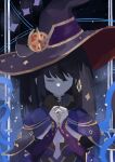  1girl breasts cape choker cleavage closed_eyes facing_viewer fur-trimmed_cape fur_trim genshin_impact hat highres mona_(genshin_impact) own_hands_together praying purple_cape purple_headwear solo star_(symbol) star_choker teirami upper_body witch_hat 