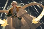  1boy ascot blonde_hair blurry blurry_background cloak clotted_cream_cookie collared_shirt commentary cookie_run epaulettes green_eyes highres humanization light_particles looking_at_viewer male_focus nekoyasiki33 parted_bangs shirt short_hair smile solo two-tone_cloak upper_body vest white_ascot white_shirt 