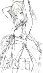  1girl absurdres ahoge arknights armpits arms_up breasts cowboy_shot greyscale hair_ornament hairclip highres la_pluma_(arknights) looking_at_viewer monochrome nopetroto shirt short_hair shorts simple_background sketch sleeveless sleeveless_shirt small_breasts solo white_background 