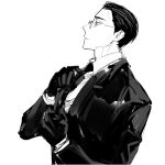  1boy adjusting_clothes adjusting_necktie collared_shirt glasses gloves greyscale hair_slicked_back highres jacket monochrome multicolored_hair necktie parted_lips project_moon remsrar shirt sketch solo streaked_hair suit the_distortion_detective upper_body vespa_crabro 