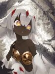  1girl :o absurdres black_skin bright_pupils claws collarbone colored_skin ears_down extra_arms faputa highres made_in_abyss monster_girl navel ninney5 open_mouth outie_navel single_strap solo white_fur white_hair white_pupils yellow_eyes 