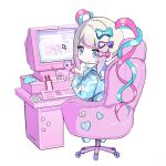  1girl blister_pack blonde_hair blue_bow blue_eyes blue_hair blue_shirt blunt_bangs bow cellphone chair chibi chouzetsusaikawa_tenshi-chan closed_mouth commentary cursor desk full_body gaming_chair hair_bow hair_ornament heart heart_hair_ornament highres keyboard_(computer) long_hair long_sleeves looking_at_viewer looking_back monitor multicolored_hair needy_girl_overdose p-chan_(needy_girl_overdose) phone pink_bow pink_hair purple_bow quad_tails sailor_collar shirt simple_background sitting smartphone solo swivel_chair symbol-only_commentary twintails user_interface very_long_hair white_background window_(computing) xwm 