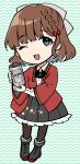  1girl asahi_(kancolle) asahi_breweries beer_can black_hakama braid brown_hair can chibi coat collared_shirt dress_shirt drink_can grey_eyes hair_ribbon hakama highres japanese_clothes kantai_collection kirisawa_juuzou long_sleeves mole mole_under_mouth name_connection object_namesake red_coat ribbon shirt short_hair single_braid smile solo standing wavy_background white_ribbon white_shirt 