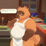 2023 animal_crossing anthro apron apron_only belly big_belly blurred_background canid canine clothing dialogue english_text fur half-closed_eyes hi_res inside looking_at_viewer male mammal moobs narrowed_eyes nintendo office overweight overweight_anthro overweight_male raccoon_dog solo standing talking_to_viewer tanuki text thick_thighs timewornraccoon tom_nook_(animal_crossing) tuft