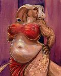 absurd_res anthro belly big_breasts breasts cadmiumtea clothed clothing dominant dominant_female female frill_(anatomy) hi_res lizard lizardman overweight overweight_female portrait reptile scalie sexy_eyes skimpy solo traditional_media_(artwork) visible_nipples zihl_(cokotheschnoot)