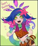 1girl bare_shoulders blue_hair brown_skirt character_name colored_skin cowboy_shot double_v flower green_background green_skin hair_flower hair_ornament happy_birthday heartbeat_tei highres league_of_legends lizard_tail navel neeko_(league_of_legends) orange_eyes pink_hair red_flower reptile_girl skirt slit_pupils solo stomach tail v 