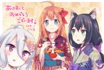  +_+ 3girls :d :t ahoge animal_ear_fluff animal_ears bangs black_hair blue_eyes blush bow bowl braid brown_hair cat_ears checkered checkered_background chopsticks closed_mouth commentary_request eating eyebrows_visible_through_hair floral_print flower green_eyes grey_kimono gucchiann hair_between_eyes hair_bow hair_flower hair_ornament hair_ribbon highres holding holding_bowl holding_chopsticks japanese_clothes kimono kokkoro_(princess_connect!) kyaru_(princess_connect) long_hair long_sleeves mochi multicolored_hair multiple_girls obi open_mouth orange_flower pecorine pink_flower princess_connect! print_kimono purple_bow red_eyes red_kimono red_ribbon ribbon sash side_braid silver_hair single_braid smile streaked_hair translation_request upper_body very_long_hair wavy_mouth white_hair wide_sleeves 