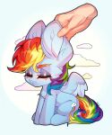 big_ears blue_body blue_fur blush chest_tuft disembodied_hand equid equine eyes_closed female friendship_is_magic fur hair hasbro hi_res mammal minekoo2 multicolored_hair multicolored_tail my_little_pony pegasus petting_ear petting_ears rainbow_dash_(mlp) rainbow_hair rainbow_tail solo tail touching_ear tuft wings