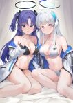  2girls bikini black_bikini blue_archive blush breasts cleavage closed_mouth collarbone grey_hair halo highres isegawa_yasutaka jacket large_breasts long_hair long_sleeves looking_at_viewer mechanical_halo medium_breasts multiple_girls navel noa_(blue_archive) open_mouth purple_eyes purple_hair smile swimsuit two-sided_fabric two-sided_jacket two_side_up white_bikini white_jacket yuuka_(blue_archive) 
