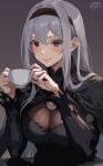  1girl alternate_costume artist_logo black_dress black_hairband breasts cleavage commentary_request cup dress grey_background hairband haruto_(harut_n) kantai_collection large_breasts lips one-hour_drawing_challenge shoukaku_(kancolle) smile solo teacup upper_body 
