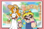  1aletheplayer1 1boy 1girl blue_eyes brown_hair dress facial_hair flower food hand_on_own_hip hat hat_flower ice_cream long_hair mona_(warioware) mustache nose_picking open_mouth orange_hair short_sleeves sun_hat sundress wario warioware yellow_headwear 