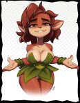 2023 4_fingers activision anthro artist_name big_breasts breasts brown_hair clothed clothing elora eyebrows eyelashes faun_(spyro) female fingers green_eyes hair halftone halftone_background hi_res looking_at_viewer magaska19 mammal pattern_background short_hair simple_background solo spyro_reignited_trilogy spyro_the_dragon
