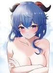  1girl absurdres black_horns blue_hair blush breasts cleavage closed_mouth collarbone commentary_request crossed_arms embarrassed frown ganyu_(genshin_impact) genshin_impact goat_horns highres horns large_breasts leofish_yt long_hair looking_at_viewer nude purple_eyes solo upper_body 