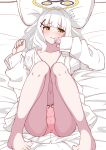 1girl absurdres barefoot bed_sheet blue_archive blush closed_mouth collarbone cross_hair_ornament flying_sweatdrops green_eyes hair_ornament halo hare_(blue_archive) highres long_hair long_sleeves moyoron open_clothes open_shirt panties pillow pink_panties shirt solo toes underwear white_hair white_shirt 