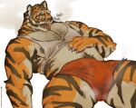 2023 anthro armpit_hair barazoku belly biceps big_muscles bodily_fluids body_hair breath bulge chest_hair claws clothed clothing epic_games erection erection_under_clothing felid fortnite fur happy_trail hi_res lying male mammal musclegut muscular muscular_anthro muscular_male narrowed_eyes nipples on_back oscar_(fortnite) out_of_breath pantherine panting pecs pubes qwertyuiop4082 scar shirt simple_background solo sweat tank_top thick_thighs tiger topwear tuft underwear white_background