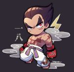 1boy abs arms_at_sides black_eyes black_hair chibi clenched_hands closed_mouth cloud full_body gloves grey_background heterochromia kotorai lightning_bolt_symbol looking_at_viewer male_focus mishima_kazuya navel no_nose pants red_eyes red_gloves scar scar_on_arm scar_on_chest solo studded_gloves tekken thick_eyebrows topless_male translation_request v-shaped_eyebrows white_pants 