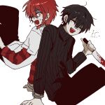  2boys allsu_official black_hair black_pants black_sweater blood blood_on_knife braid closed_eyes cuffs fang grey_shirt handcuffs highres holding holding_knife knife maeno_aki male_focus multiple_boys open_mouth pants red_eyes red_hair shared_handcuffs shirt short_hair simple_background smile sweater teeth tsugino_haru turtleneck turtleneck_sweater zeno_(game) 