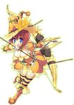  1girl armor arrow blue_eyes boots bow_(weapon) breasts capcom cleavage female halloween hat kizuki_erika monster_hunter monster_hunter_portable_3rd mosgharl_(armor) open_mouth red_hair short_hair smile solo thighhighs weapon witch_hat 