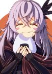  1girl blush_stickers closed_eyes eating fate/grand_order fate_(series) feather_hair_ornament feathers fingerless_gloves food food_on_face gloves grey_hair hair_ornament highres long_hair onigiri peisuto rice rice_on_face saika_magoichi_(fate) 