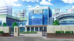  analog_clock blue_sky brick building city clock cloud day film_grain game_cg gate hedge izumi_tsubasu lamppost no_humans non-web_source official_art outdoors re:stage! road scenery school sky street tree 