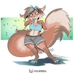1:1 2023 anthro arm_tuft belly big_tail biped blue_eyes bottomwear buckteeth claws clothed clothing colored crop_top digital_drawing_(artwork) digital_media_(artwork) digitigrade ear_tuft elbow_tuft eyelashes female fingers floofy_tail full-length_portrait fur hair hi_res kiaun looking_away looking_sideways mammal midriff navel nixie_(torqueempup) portrait rodent sciurid shirt shorts signature simple_background smile solo standing tail tank teeth text thick_thighs topwear tree_squirrel tuft url vehicle