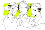  3boys ;d amari_(joker_game) arm_up collared_shirt fingernails fingersmile greyscale_with_colored_background grin half-closed_eyes hand_to_own_mouth joker_game kaminaga_(joker_game) long_sleeves looking_at_viewer male_focus multiple_boys necktie one_eye_closed parted_lips shi646 shirt short_hair simple_background smile star_(symbol) tazaki_(joker_game) unfinished upper_body v v_over_eye vest yellow_background 