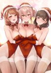  3girls blush bow bowtie breasts cleavage collarbone covered_navel detached_collar feet_out_of_frame fur-trimmed_headwear fur_trim hat highleg highleg_leotard highres hojo_karen hug idolmaster idolmaster_cinderella_girls jougasaki_mika leotard looking_at_viewer medium_breasts mk_(mod0) multiple_girls pantyhose red_bow red_bowtie red_headwear red_leotard sakuma_mayu santa_hat smile strapless strapless_leotard white_pantyhose 