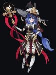  1girl android blue_eyes blue_hair borrowed_character cross facial_mark full_body hand_on_own_hip hat highres holding holding_staff joints long_hair looking_at_viewer no_feet original ringed_eyes robot_joints solo squeaky_(artist) staff very_long_hair wax_seal witch_hat 