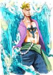  1boy blonde_hair blue_fire fiery_wings fire male_focus marco one_piece open_shirt pirate purple_shirt sandals shirt solo tattoo transformation whitebeard_pirates 