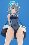  1girl ahoge animal_ear_fluff animal_ears ass_visible_through_thighs bare_arms bare_shoulders black_one-piece_swimsuit blue_archive blue_background blue_eyes blush breasts cameltoe collarbone competition_swimsuit covered_navel cowboy_shot cross extra_ears from_below grey_hair hair_between_eyes halo highres holding inverted_cross looking_at_viewer multicolored_clothes multicolored_swimsuit official_alternate_costume one-piece_swimsuit parted_lips shiroko_(blue_archive) shiroko_(swimsuit)_(blue_archive) short_hair simple_background sky small_breasts solo standing swimsuit takayaki thighs two-tone_swimsuit white_background wolf_ears 