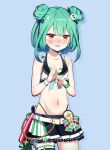  1girl alternate_costume bare_arms bare_shoulders bikini bikini_skirt black_shirt blue_background blue_hair blush bow bracelet commentary cowboy_shot double_bun earrings embarrassed fang flat_chest front-tie_bikini_top front-tie_top fuyumi_kazuki gradient_hair green_bikini green_hair hair_bun hair_ornament hair_ribbon highleg highleg_bikini highres hololive hololive_summer_2023_swimsuit jewelry layered_bikini medium_hair miniskirt multi-strapped_bikini_bottom multicolored_hair navel open_mouth pleated_skirt red_eyes ribbon shirt sidelocks simple_background skin_fang skirt skull_earrings skull_hair_ornament solo stomach striped striped_bikini sweatdrop swimsuit thick_outlines thigh_strap uruha_rushia virtual_youtuber waist_bow wrist_cuffs 