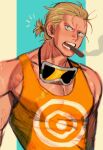  1boy bara beard_stubble blonde_hair chanko_neru cigar dark-skinned_male dark_skin eyewear_around_neck goggles highres looking_ahead male_focus medium_hair mouth_hold muscular muscular_male mustache_stubble notice_lines one_piece open_mouth orange-tinted_eyewear orange_tank_top paulie pectoral_cleavage pectorals ponytail sidepec smoke solo tank_top tight_clothes tinted_eyewear upper_body 