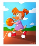 anatid anseriform anthro avian ball basketball_(ball) bird child clothing darkwing_duck disney duck female footwear gosalyn_mallard gosalyn_waddlemeyer hair hi_res lunula_(artist) open_mouth ponytail purple_clothing shirt shoes smile sneakers solo topwear wholesome young