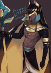 1boy ancient_egyptian_architecture ancient_egyptian_hat anubis_(mythology) artist_name blue_hair burnt_cheese_cookie cookie_run covered_eyes dark-skinned_male dark_skin egyptian_clothes expressionless from_side highres holding holding_staff humanization male_focus nekoyasiki33 personification solo staff 