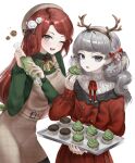  1girl 1other abella_(fear_&amp;_hunger) antlers christmas deer_antlers fear_&amp;_hunger food grey_eyes grey_hair hat highres holding holding_tray lilio long_hair looking_at_viewer marina_(fear_&amp;_hunger) mole mole_under_mouth mouth_piercing muffin one_eye_closed red_hair tray white_background 