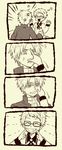  ^_^ anger_vein closed_eyes comic eighth_note fingersmile glasses grin hakata_toushirou heshikiri_hasebe highres male_focus monochrome multiple_boys musical_note shiwo_(siwosi) silent_comic smile touken_ranbu 