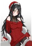 +_+ 1girl absurdres antennae arknights bare_shoulders black_hair demon_girl demon_horns feather_boa hair_ornament hat highres horns ines_(arknights) long_hair looking_at_viewer myb52 nail_polish off-shoulder_sweater off_shoulder red_sweater santa_hat sweater yellow_eyes 