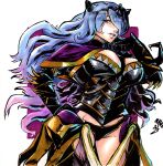  1girl absurdres armor black_armor black_panties breasts camilla_(fire_emblem) cleavage cowboy_shot fire_emblem fire_emblem_fates gloves hair_over_one_eye hand_on_own_hip highres hip_armor large_breasts lips long_hair looking_at_viewer maeca_art mature_female open_mouth panties pelvic_curtain purple_eyes purple_hair revealing_clothes signature simple_background solo tiara underwear wavy_hair 