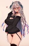  1girl bare_shoulders black_choker blue_eyes blush bottomless breasts choker cleavage collarbone female_pubic_hair garter_belt glasses grey_hair hair_between_eyes head_wings highres indie_virtual_youtuber lace lace_choker large_breasts long_hair long_sleeves mole mole_under_mouth off-shoulder_sweater off_shoulder pochimaru_(vtuber) pubic_hair red_nails simple_background smile solo sweater thighhighs variant_set varniskarnis virtual_youtuber wings 