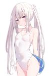  1girl absurdres blush breasts closed_mouth commentary_request covered_navel highres long_hair looking_at_viewer memekko one-piece_swimsuit original purple_eyes sidelocks small_breasts solo standing swimsuit twintails very_long_hair white_hair white_one-piece_swimsuit 