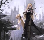  2girls agnes_claudel animal bare_tree bird black_gloves black_vs_white blonde_hair blue_eyes braid braided_bun breasts building choker cleavage_cutout clothing_cutout crown_braid earrings eiyuu_densetsu elaine_auclair elbow_gloves falling_feathers feathers fingerless_gloves french_braid gloves green_eyes hair_between_eyes hair_bun highres holding holding_instrument holding_violin instrument jewelry kuro_no_kiseki kuro_no_kiseki_ii long_hair medium_breasts multiple_girls music outdoors pantyhose parted_bangs piano playing_instrument playing_piano tree violin white_gloves yuzuriha_(atelier_liang) 