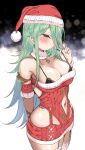  1girl arm_behind_back averting_eyes black_bra bra breasts christmas_sweater cleavage clothing_cutout commentary_request detached_collar detached_sleeves embarrassed fur-trimmed_headwear fur_trim garter_straps green_eyes green_hair hair_over_one_eye hat heart_pendant highres hip_vent kantai_collection large_breasts long_hair narrowed_eyes navel navel_cutout pom_pom_(clothes) red_headwear red_sweater santa_hat simple_background solo strap_lift suzuki_toto sweater thighhighs underwear white_thighhighs yamakaze_(kancolle) 