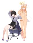  2girls absurdres alternate_costume animal_ear_fluff animal_ears aoitsuki black_footwear black_hair black_necktie black_skirt blue_archive blue_eyes blush bow bow_hairband collared_shirt female_sensei_(blue_archive) fox_ears full_body grey_shirt hair_between_eyes hair_over_one_eye hairband halo high_heels highres holding holding_pillow long_hair long_sleeves mari_(blue_archive) multiple_girls necktie open_mouth orange_hair orange_pajamas orange_pants orange_shirt pajamas pants pencil_skirt pillow pink_footwear purple_eyes sensei_(blue_archive) shirt short_hair simple_background sitting skirt slippers toothbrush_in_mouth white_background white_bow white_hairband yellow_halo 