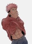  absurdres black_hair clothes_lift grey_pants guilty_challenge_(meme) highres hood hoodie hoodie_lift ita_mi_ng itadori_yuuji jujutsu_kaisen long_sleeves meme multicolored_hair muscular muscular_male navel pants pink_hair red_hood shirt_lift short_hair stomach yellow_eyes 