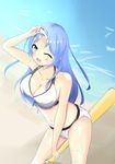  1girl bare_shoulders bikini blue_eyes blue_hair blush breasts cleavage female joukamachi_no_dandelion large_breasts long_hair looking_at_viewer midriff navel one_eye_closed open_mouth sakurada_aoi solo swimsuit 