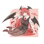  1girl :o absurdres ahoge arm_support bat_(animal) bat_wings black_pantyhose black_skirt black_vest blush breasts caris_06 collarbone collared_shirt dot_nose dress_shirt hair_between_eyes hand_in_own_hair head_wings high_heels highres koakuma long_hair looking_at_viewer medium_breasts necktie open_mouth outline pantyhose pointy_ears puffy_short_sleeves puffy_sleeves red_eyes red_footwear red_hair red_necktie shirt short_sleeves simple_background sitting skirt skirt_set teeth touhou upper_teeth_only very_long_hair vest white_background white_outline white_shirt wings yokozuwari 