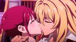  2girls animated animated_gif bangs blonde_hair blush eyes_closed french_kiss kiss lips multiple_girls red_hair shikishima_mirei tokonome_mamori twin_braids valkyrie_drive valkyrie_drive_-mermaid- yuri 