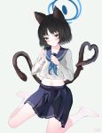  1girl animal_ears black_eyes black_hair black_sailor_collar black_skirt blue_archive blue_halo blue_neckerchief cat&#039;s_cradle cat_ears cat_tail grey_background halo highres kikyou_(blue_archive) long_sleeves multiple_tails neckerchief pleated_skirt sailor_collar school_uniform serafuku short_hair signature simple_background skirt socks solo tail teeth_bro two_tails white_socks 